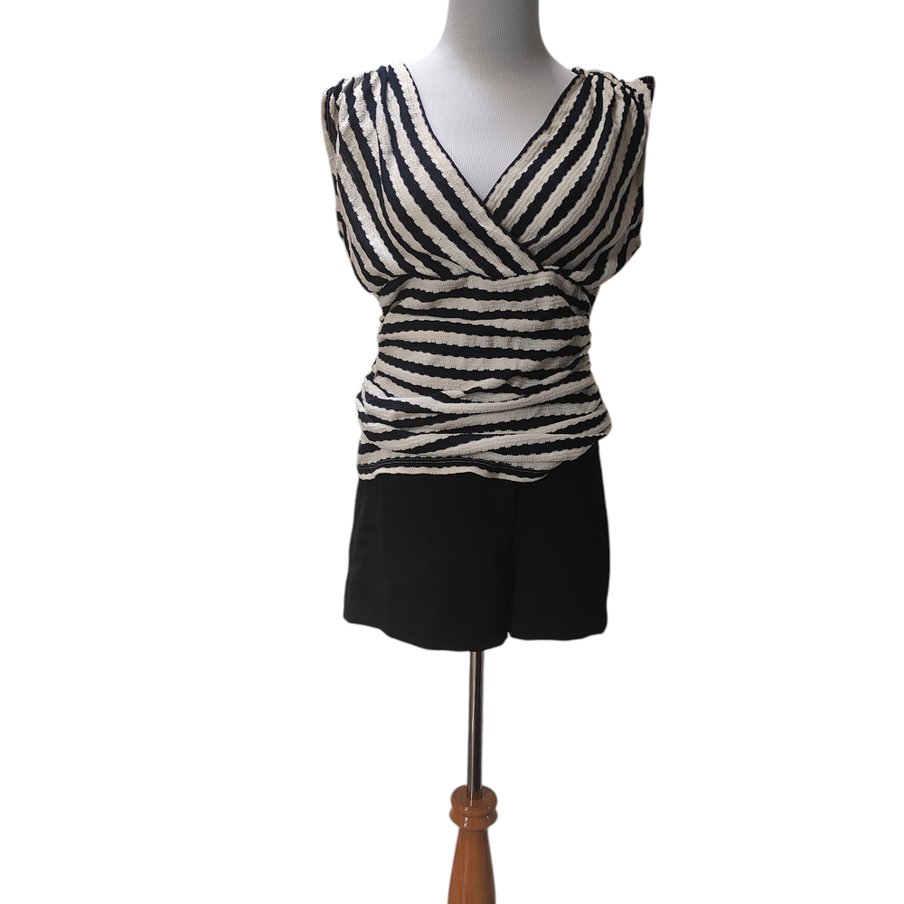 Ann Taylor Black and White Sleeveless Wrap Blouse